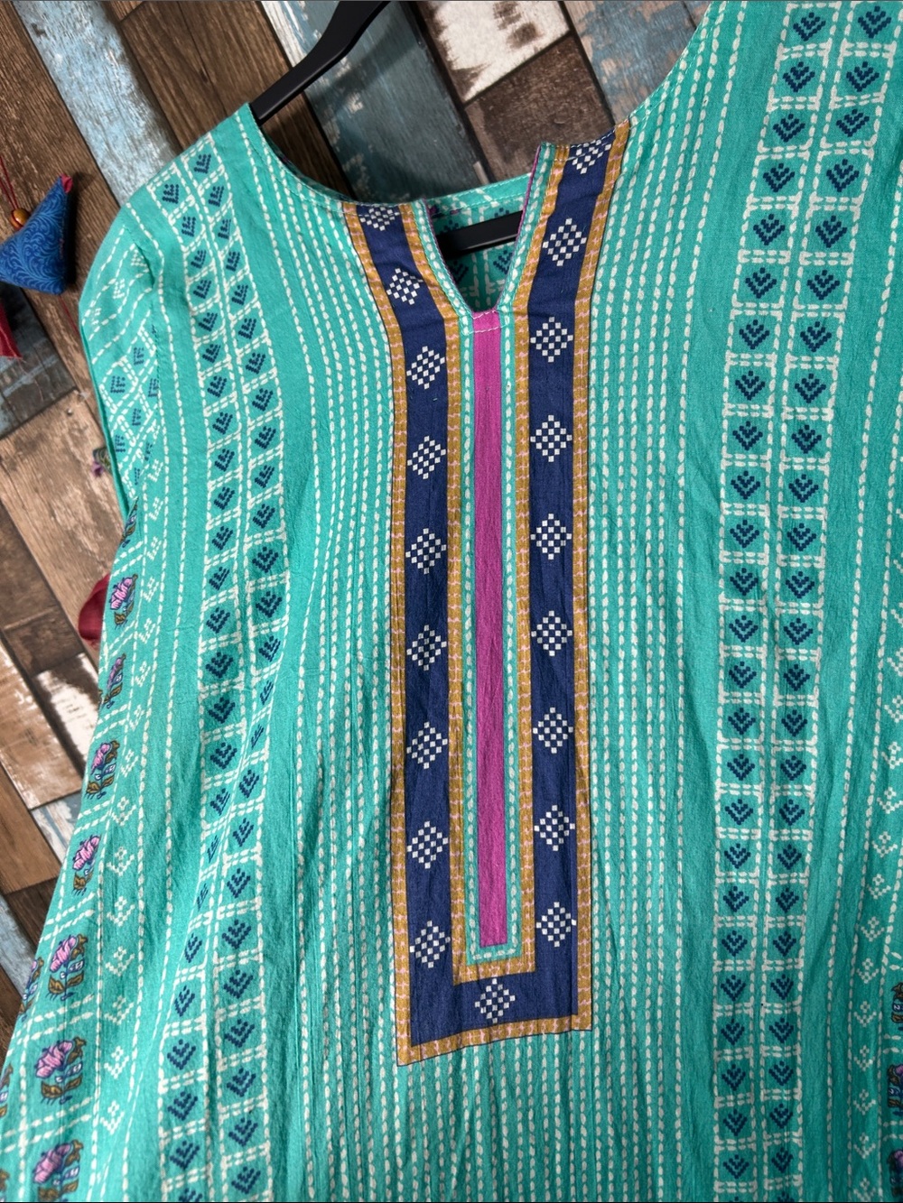 Turquoise Printed Long Sleeve Tunic Dress with Contrast Trim - Picture 11 of 16